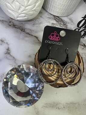 Paparazzi Silver-Tone Triple Hoop Rhinestone Drop Earrings